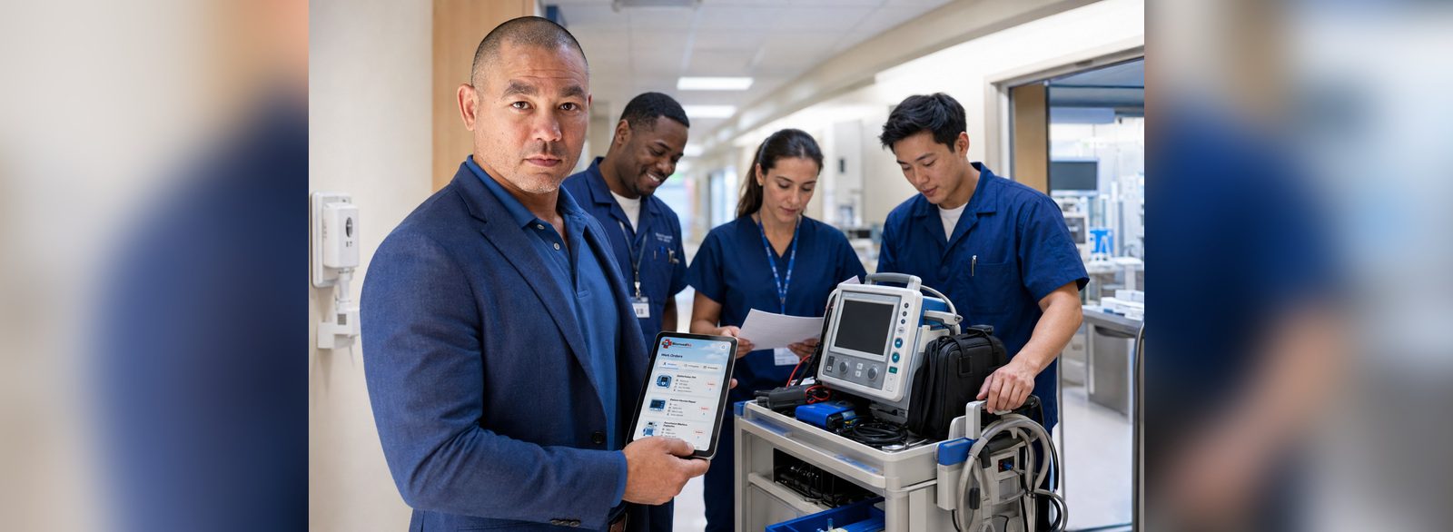 Hospital work order handoff | BiomedRx App Healthcare technology management team using the BiomedRx App to hand off a work order in a hospital corridor