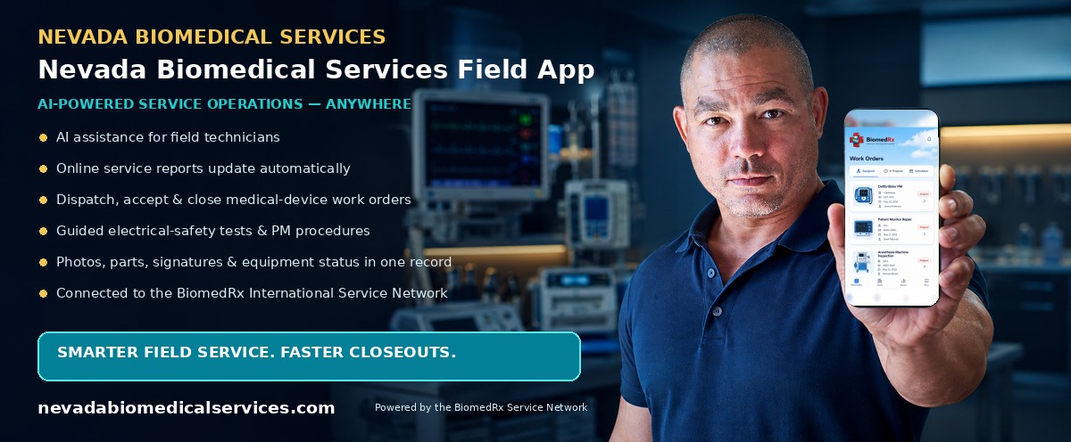 Nevada Biomedical Services Field App — AI-powered field-service mobile app: automatic online service reports, work-order dispatch, and closeout