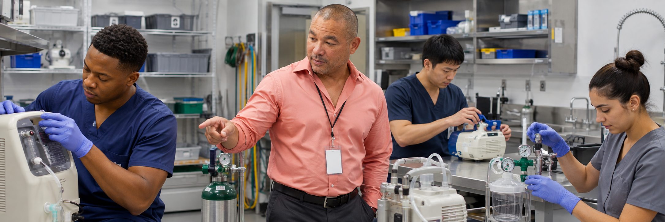 Infusion pump preventive maintenance and calibration | BiomedRx HTM services Biomedical technicians performing infusion pump preventive maintenance in an infusion suite