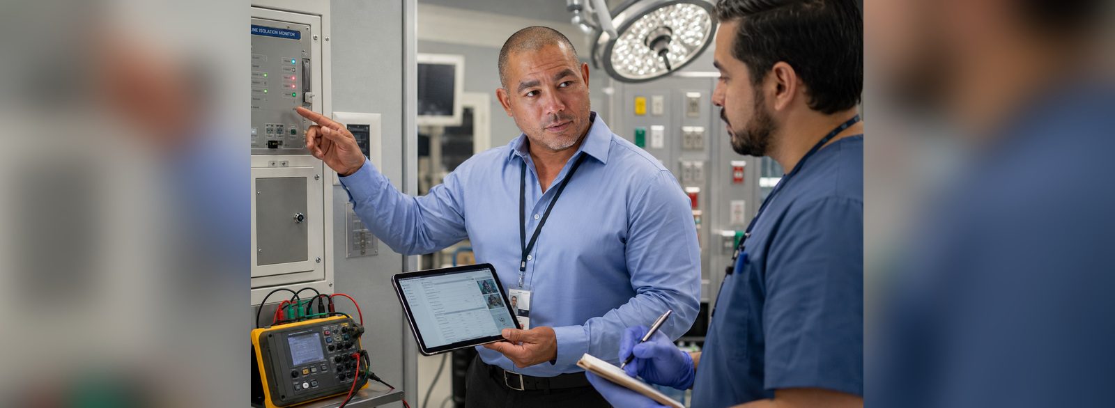 Isolated power system service records reviewed on a tablet at the distribution panel